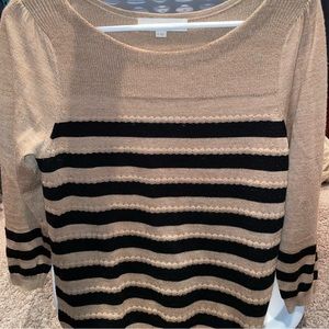 LOFT boatneck 3/4 sleeve sweater, tan and black stripe